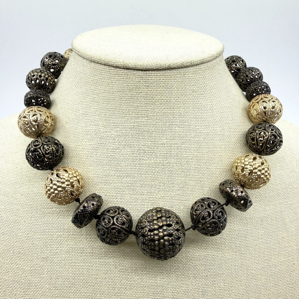 Chunky Filigree Gold Tone Metal Ball Statement Necklace Gothic Boho Festival